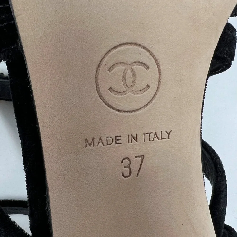 Chanel Black Velvet Patent Leather Strappy Heels CC Logo 37
